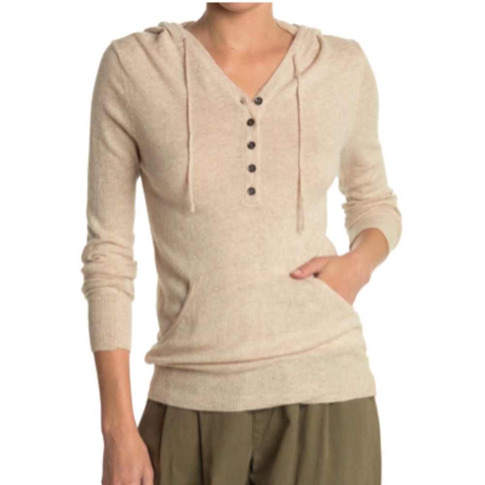 VERTIGO PARIS Cashmere Blend Hooded Henley Sweater, Oatmeal Color, Size L, NWT